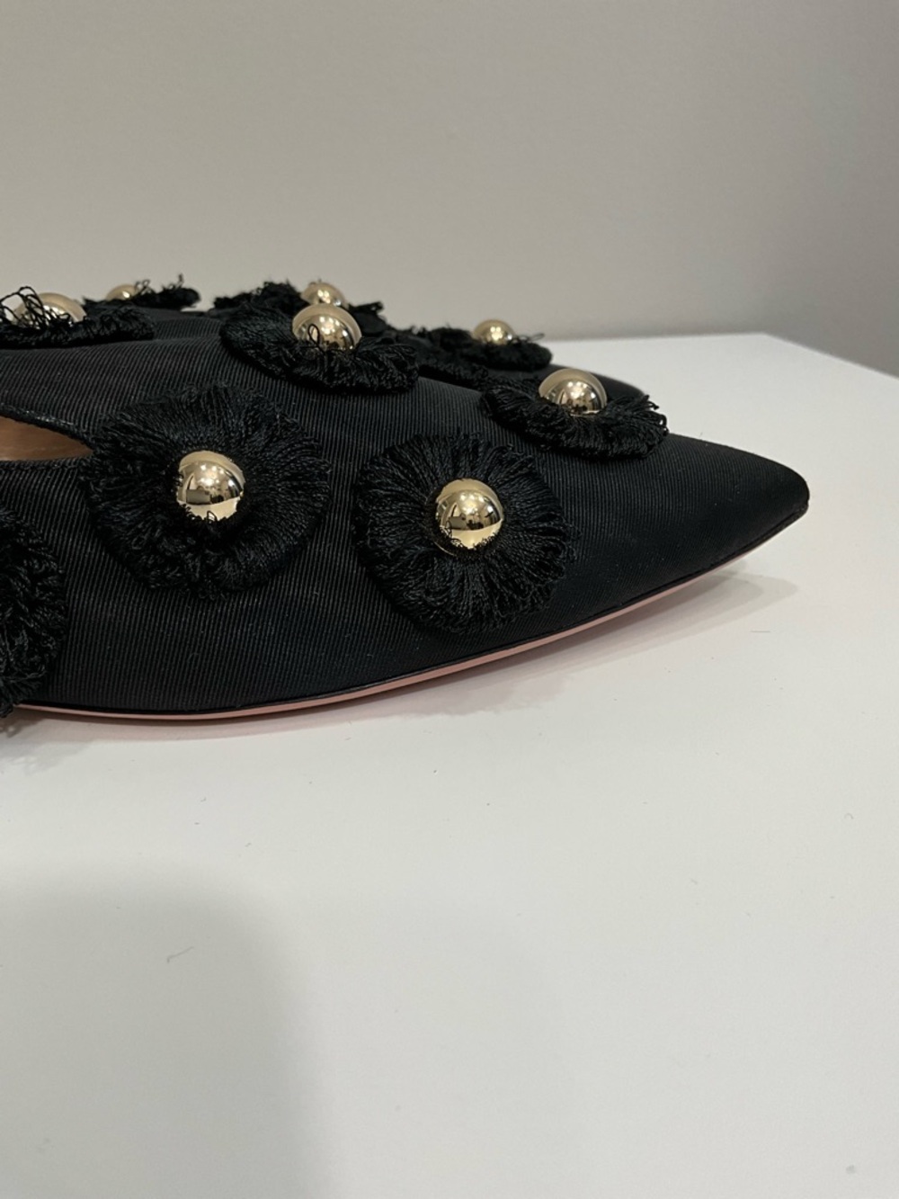 Aquazzura Sunflower Mules Black Canvas Gold Stud Embellished Slide Flats Size 39 - Picture 3 of 5